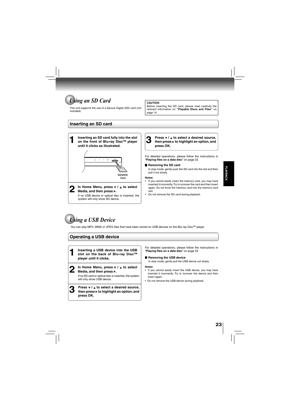Using an sd card, Using a usb device | Toshiba bdx5200ku User Manual | Page 23 / 60