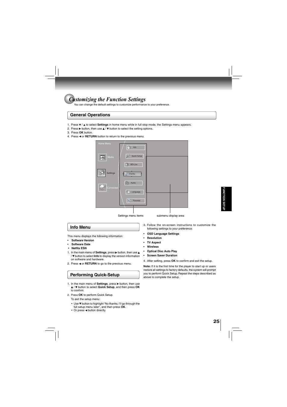 Customizing the function settings, General operations, Info menu performing quick-setup | Toshiba bdx5200ku User Manual | Page 25 / 60