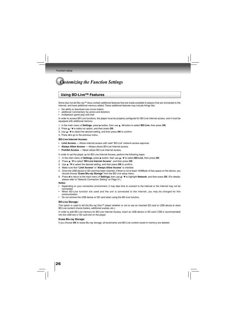 Customizing the function settings, Using bd-live™ features | Toshiba bdx5200ku User Manual | Page 26 / 60