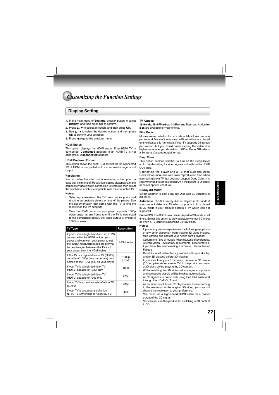 Customizing the function settings, Display setting | Toshiba bdx5200ku User Manual | Page 27 / 60