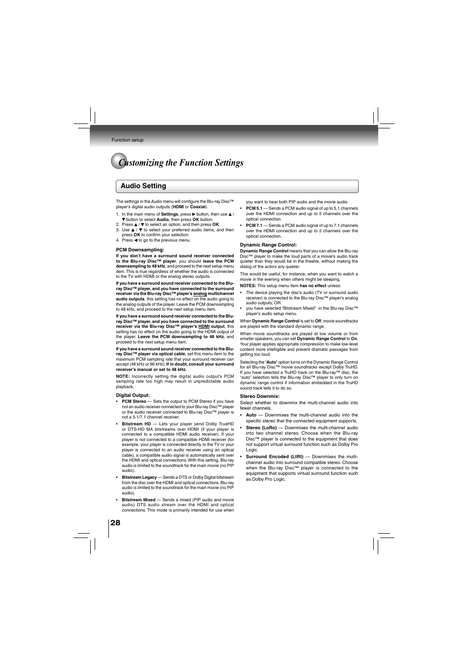 Customizing the function settings, Audio setting | Toshiba bdx5200ku User Manual | Page 28 / 60