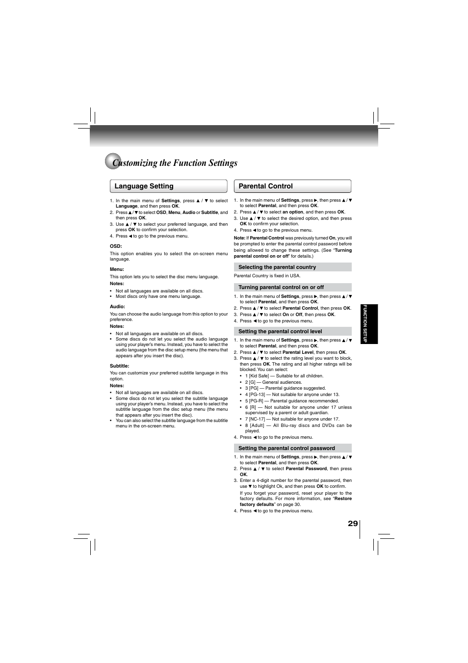 Customizing the function settings, Language setting parental control | Toshiba bdx5200ku User Manual | Page 29 / 60