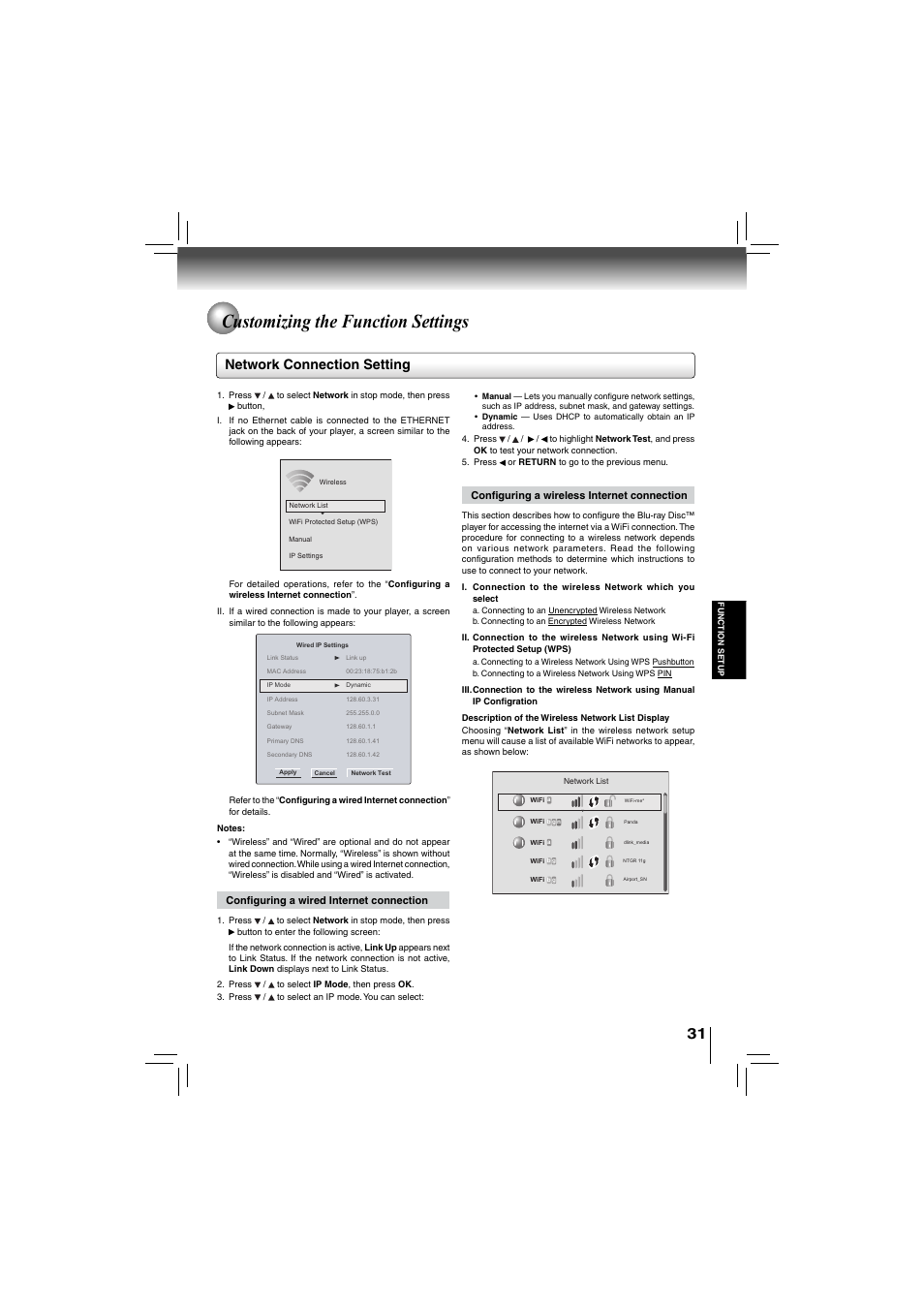 Customizing the function settings, Network connection setting | Toshiba bdx5200ku User Manual | Page 31 / 60