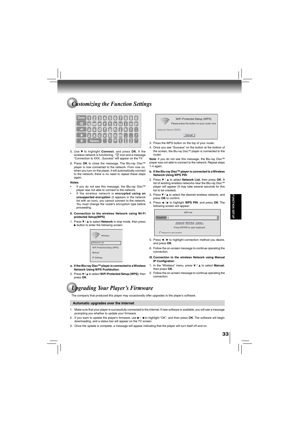 Customizing the function settings, Upgrading your player’s firmware, X c v | B n m | Toshiba bdx5200ku User Manual | Page 33 / 60