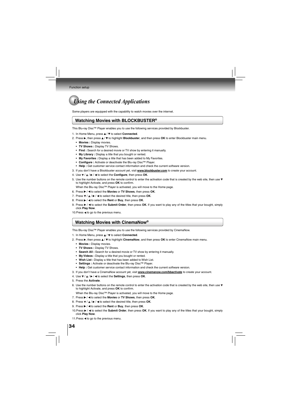 Using the connected applications, Watching movies with cinemanow, Watching movies with blockbuster | Toshiba bdx5200ku User Manual | Page 34 / 60