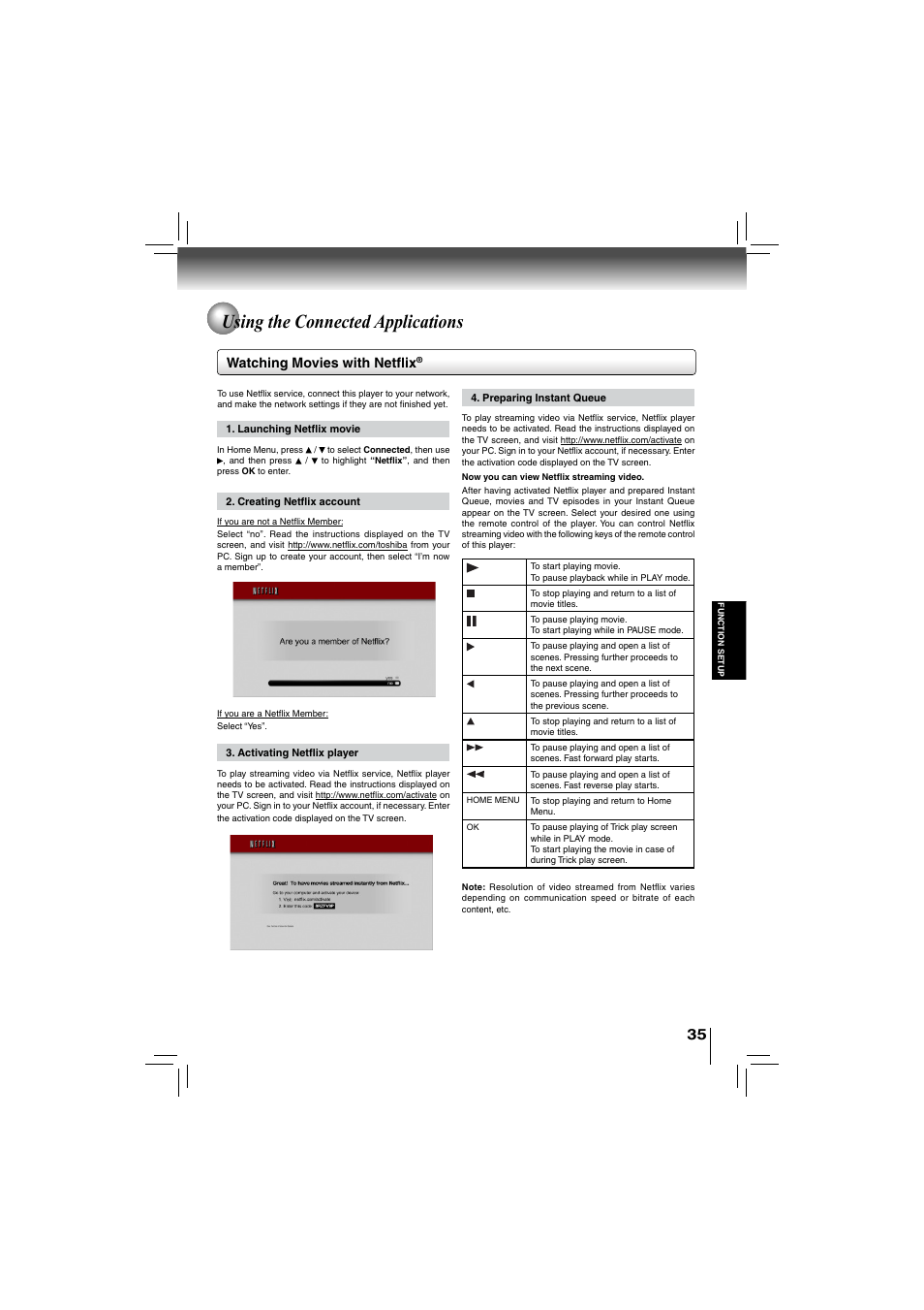 Using the connected applications, Watching movies with netfl ix | Toshiba bdx5200ku User Manual | Page 35 / 60
