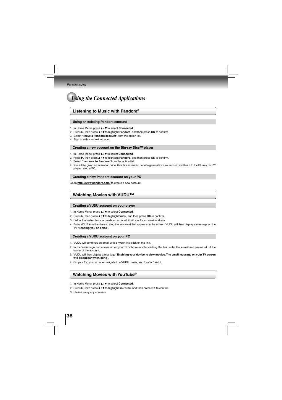 Using the connected applications, Listening to music with pandora | Toshiba bdx5200ku User Manual | Page 36 / 60