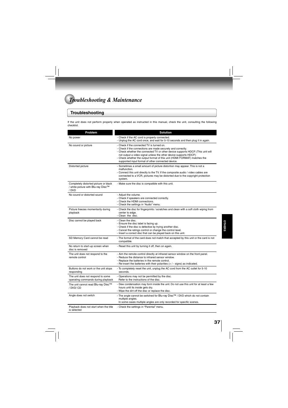 Troubleshooting & maintenance, Troubleshooting | Toshiba bdx5200ku User Manual | Page 37 / 60