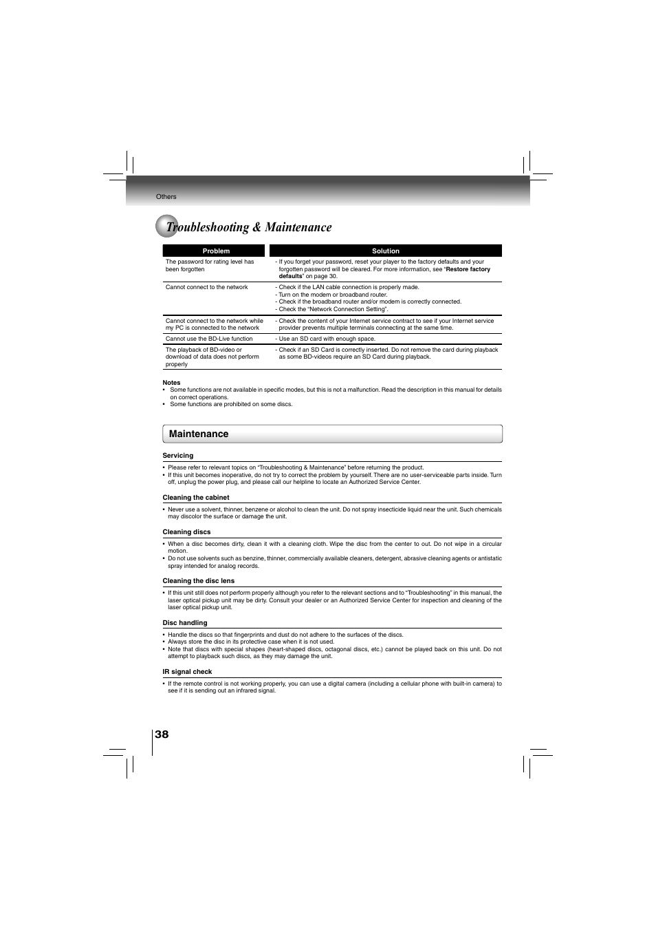 Troubleshooting & maintenance, Maintenance | Toshiba bdx5200ku User Manual | Page 38 / 60