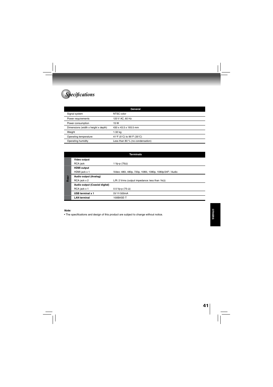 Specifi cations | Toshiba bdx5200ku User Manual | Page 41 / 60