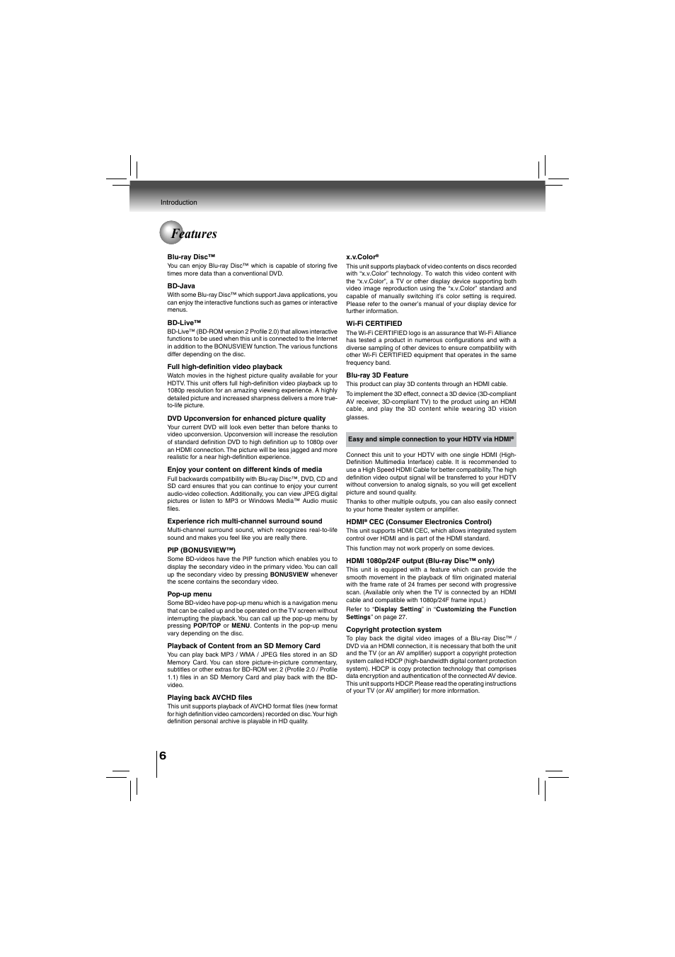 Features | Toshiba bdx5200ku User Manual | Page 6 / 60