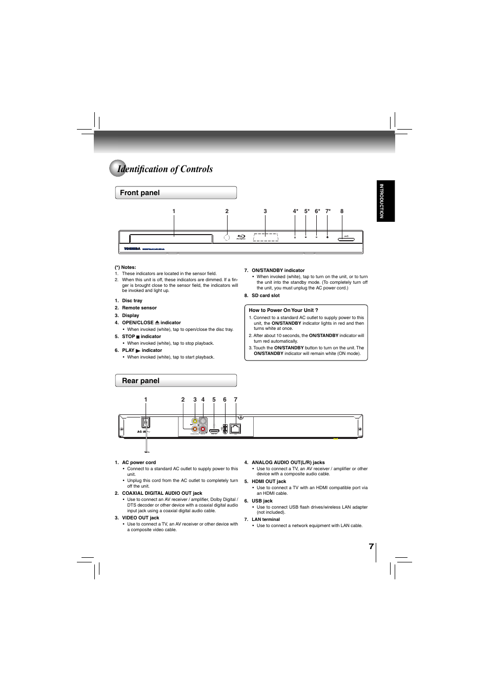 Identifi cation of controls, Front panel rear panel | Toshiba bdx5200ku User Manual | Page 7 / 60
