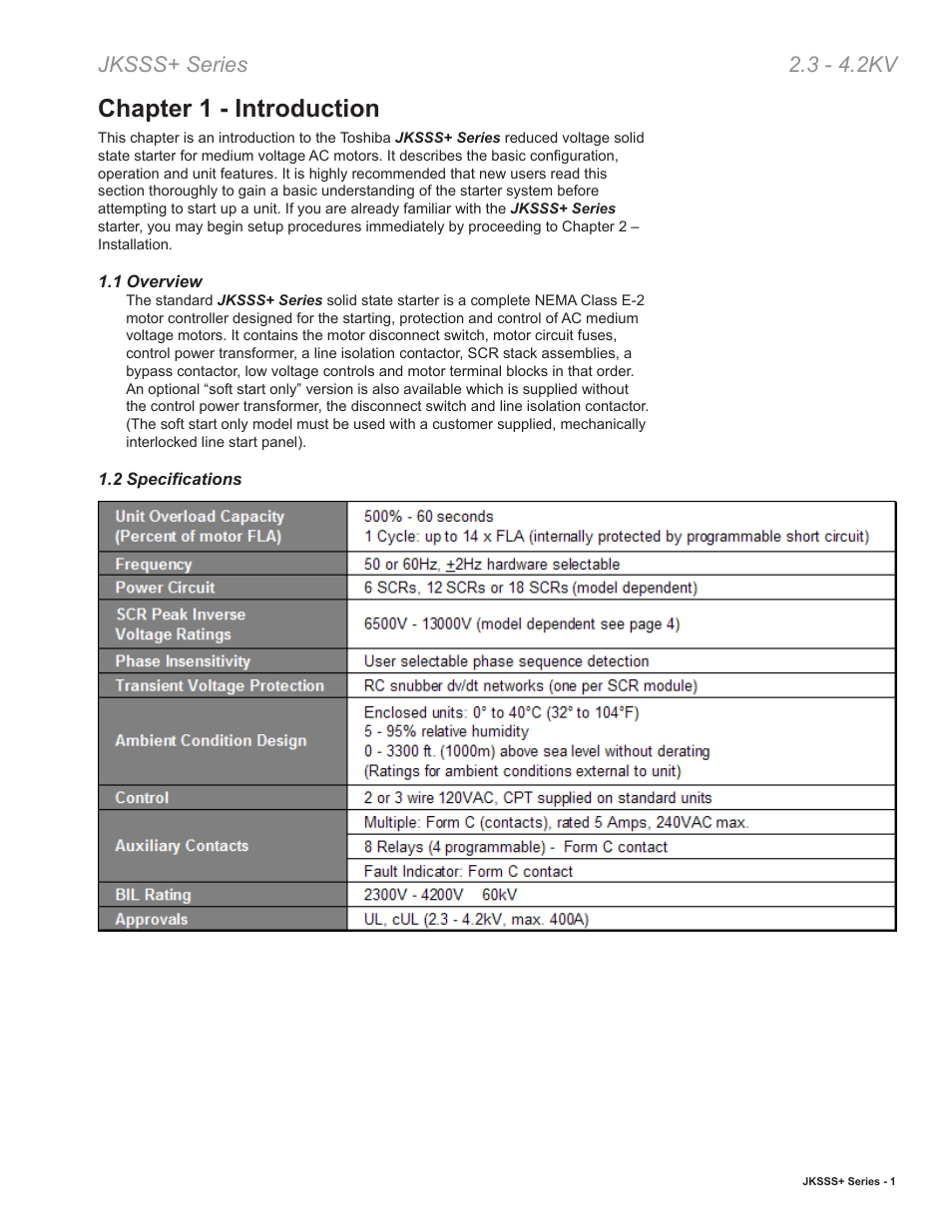 Chapter 1 - introduction, Jksss+ series 2.3 - 4.2kv | Toshiba VF010H05 User Manual | Page 7 / 106