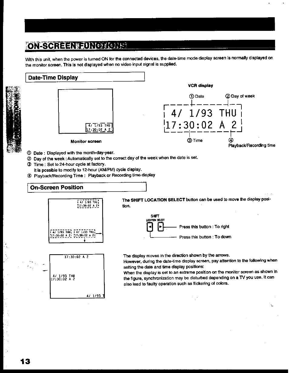 On-i, Date-time display, R4/ 1/93 thu"! [17£30 ^0_2__a_ 2_j | On-screen position | Toshiba KV-6200A User Manual | Page 14 / 44