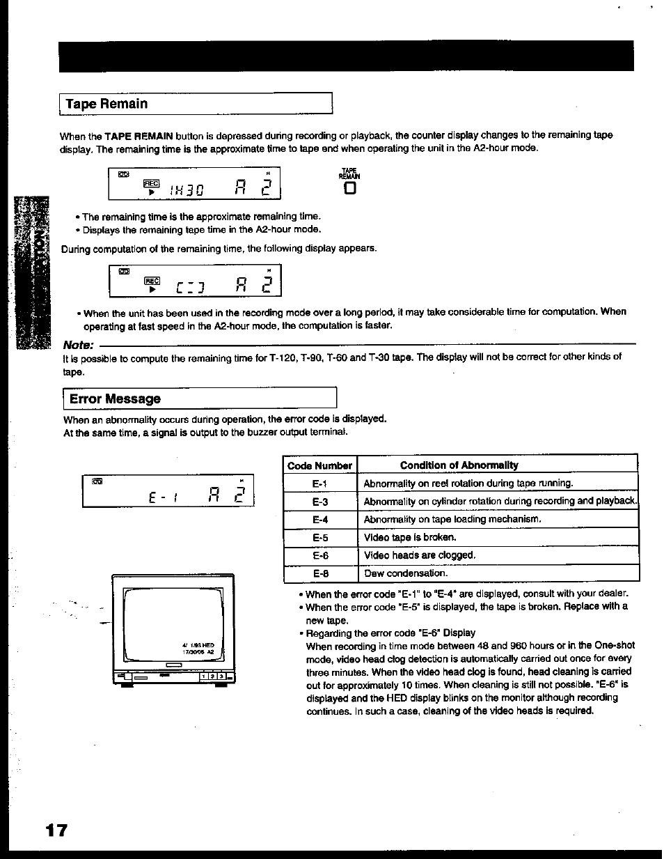 Tape remain, Error message | Toshiba KV-6200A User Manual | Page 18 / 44