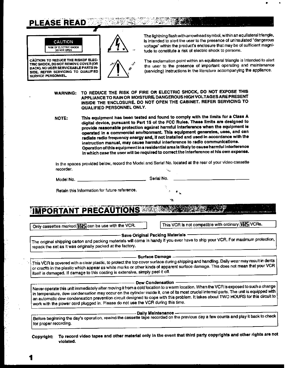 Save original packing materials, Surface damage, Dew condensation | Ьо0оо»ortant, Please read, Precautions | Toshiba KV-6200A User Manual | Page 2 / 44