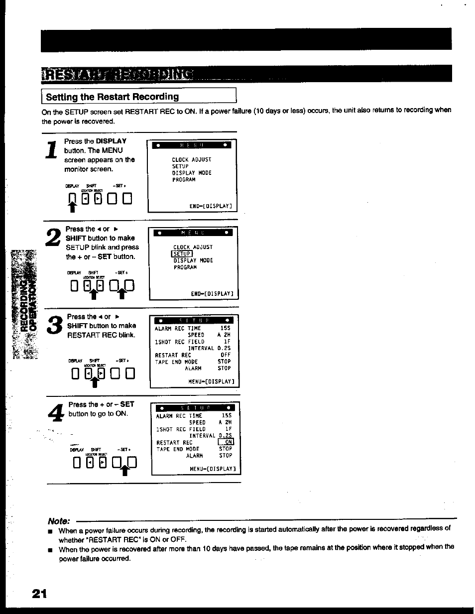 Setting the restart recording, Ç q 0 d d, Q | 0 | Toshiba KV-6200A User Manual | Page 22 / 44