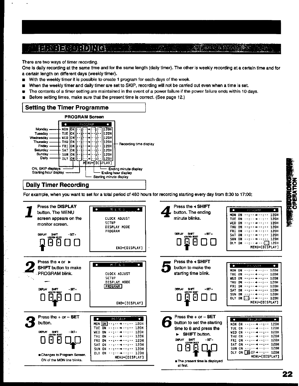 Setting the timer programme, Daily timer recording, Jj00dd | O§0dd, 0 0 d^d, J j 0 0 d d, 0 d d, 0 0 j 0, O § 0 d d, 0 0 d ^ d | Toshiba KV-6200A User Manual | Page 23 / 44