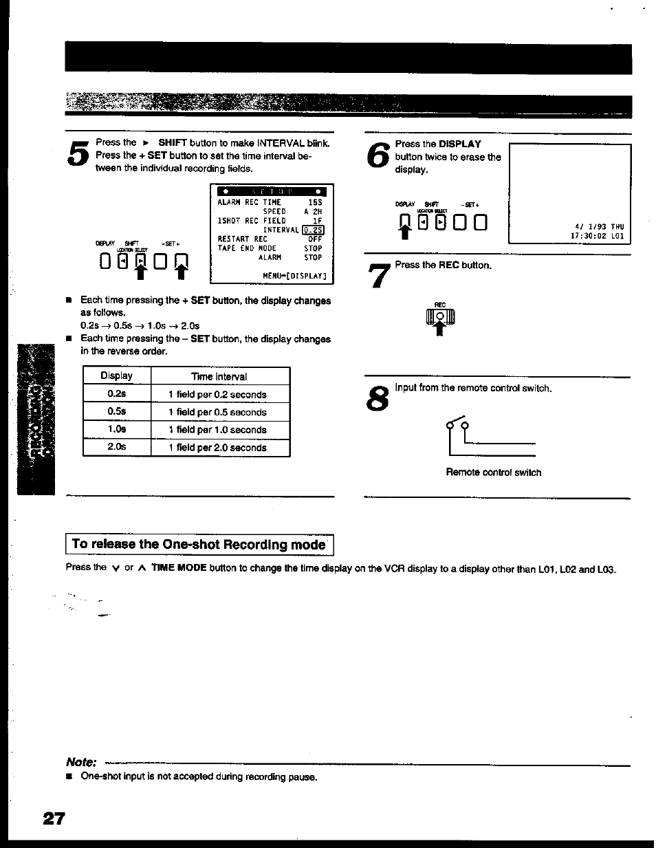 0§d!j, To release the one-shot recording mode, 0 § d ! j | Toshiba KV-6200A User Manual | Page 28 / 44