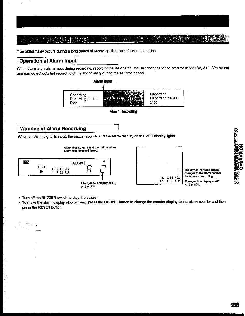 Operation at alarm input, Warning at alarm recording | Toshiba KV-6200A User Manual | Page 29 / 44