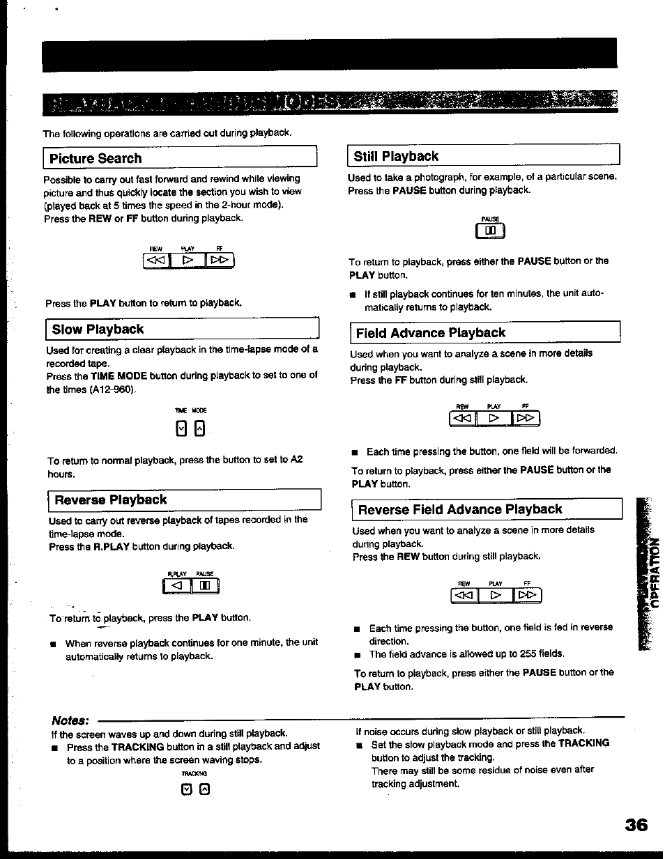 Picture search, Slow playback, Reverse playback | Still playback, Field advance playback, Reverse field advance playback, I > l m > l, L<_l, Votes | Toshiba KV-6200A User Manual | Page 37 / 44