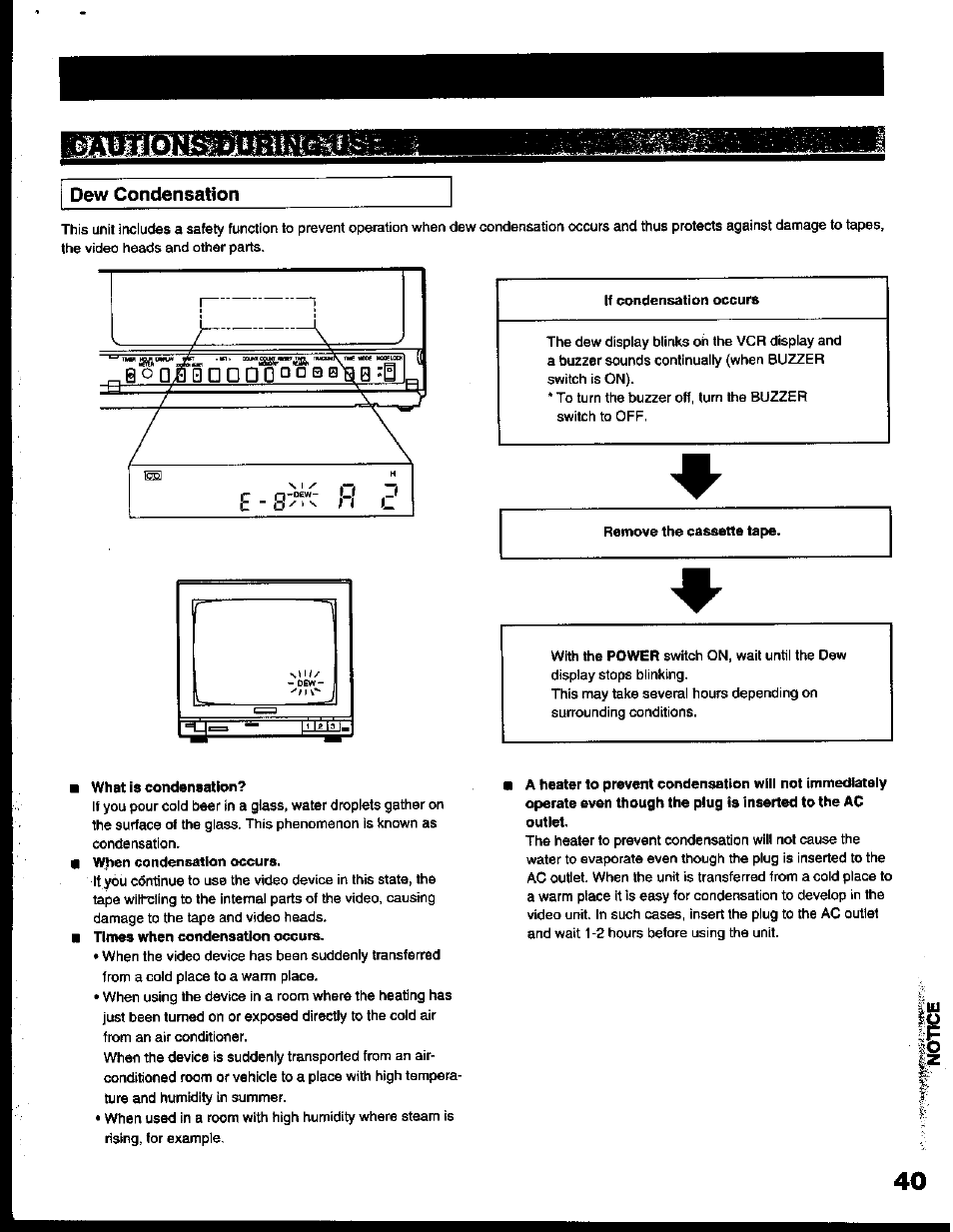 Dew condensation, K condensation occurs, Remove the cassette tape | What is condensation | Toshiba KV-6200A User Manual | Page 41 / 44