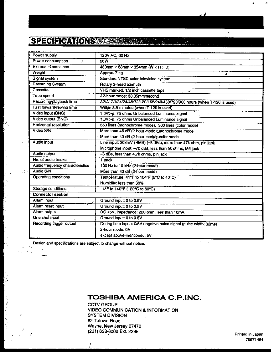 Toshiba america c.p.inc | Toshiba KV-6200A User Manual | Page 44 / 44