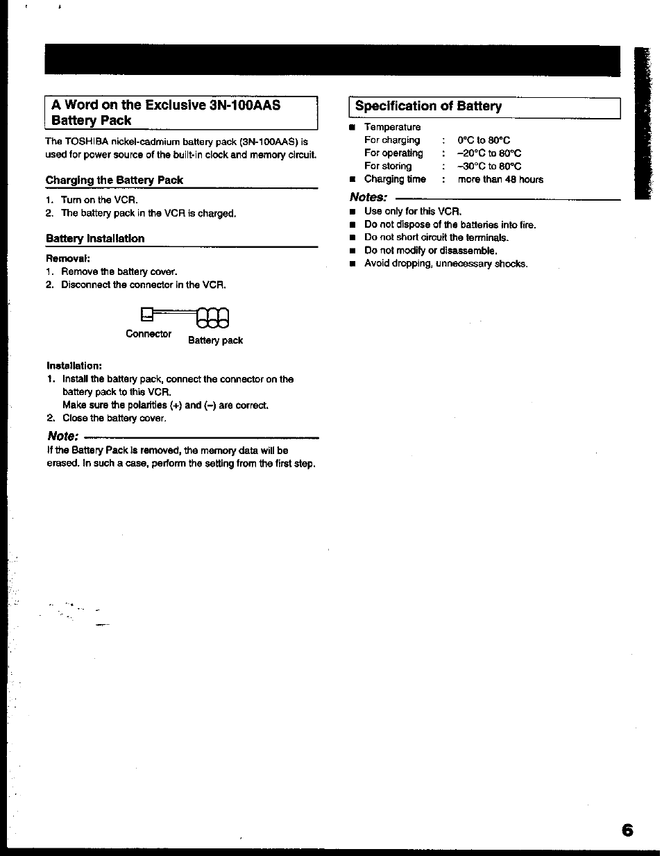 Specification of battery, Installation, A word on the exclusive 3n-100aas battery pack | Toshiba KV-6200A User Manual | Page 7 / 44