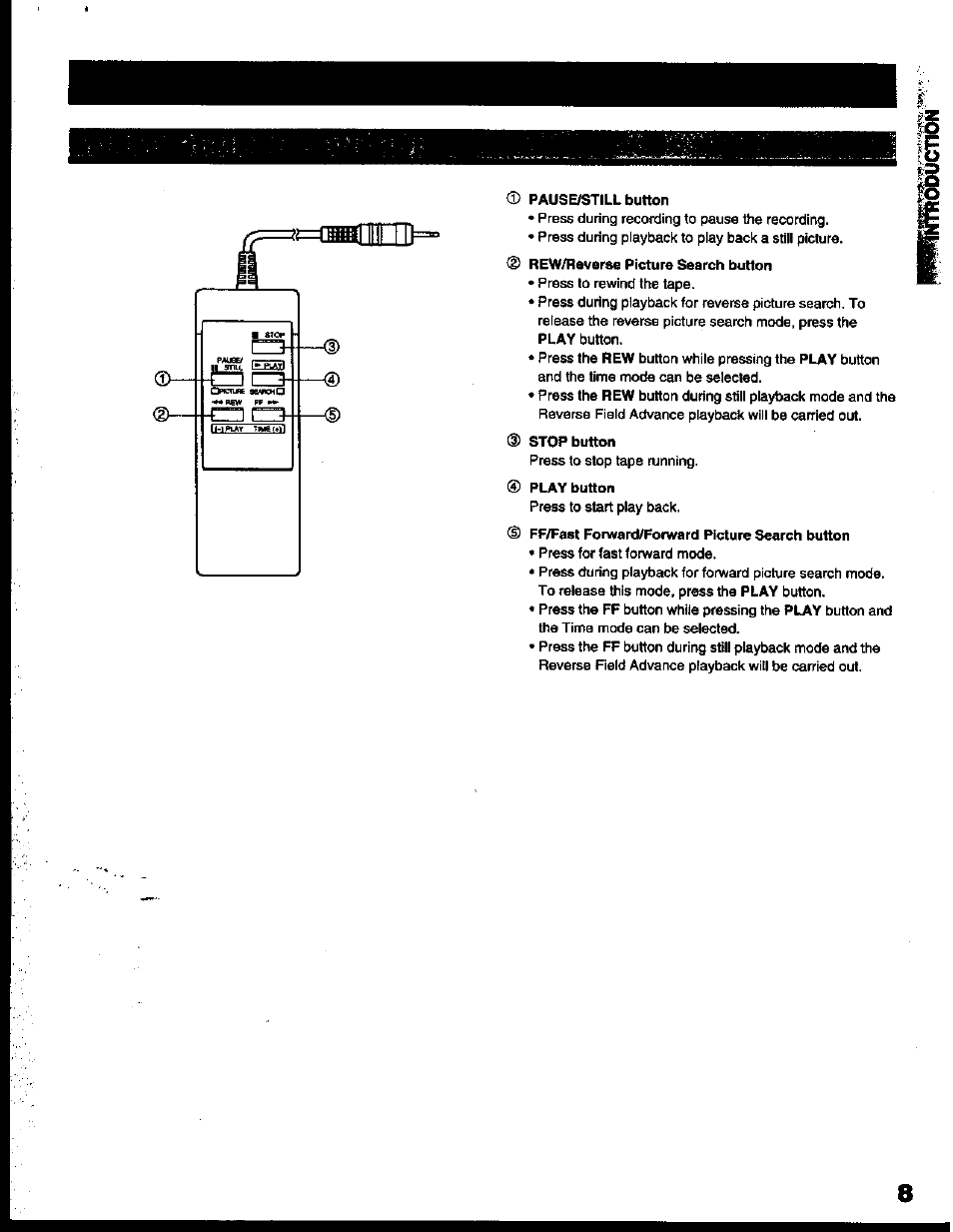 Pause/still button, Rew/reverse picture search button, 0 play button | 0 ff/fast forward/forward picture search button | Toshiba KV-6200A User Manual | Page 9 / 44