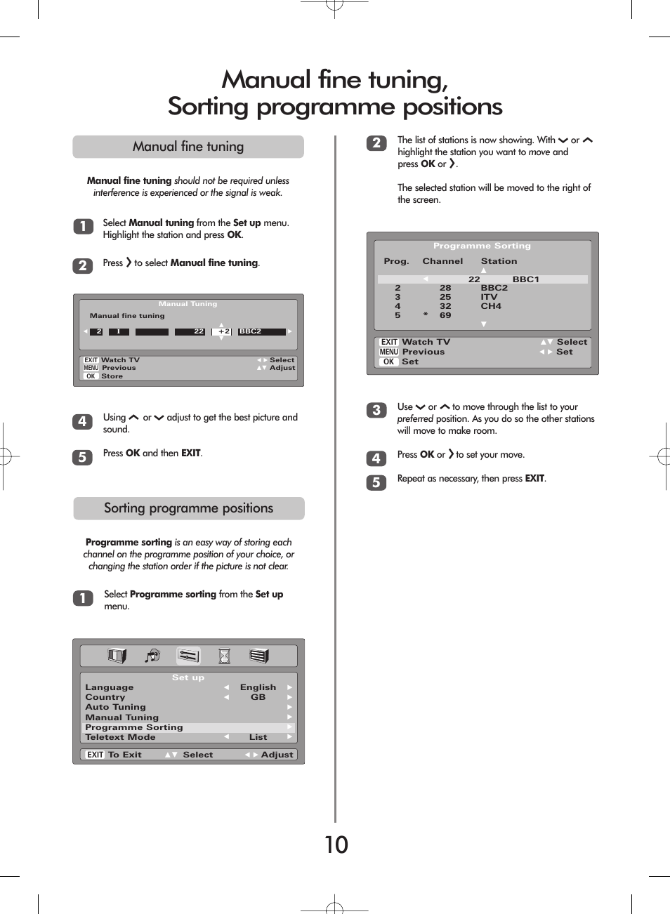 Manual fine tuning, sorting programme positions, Sorting programme positions | Toshiba ZH36 Series User Manual | Page 10 / 20