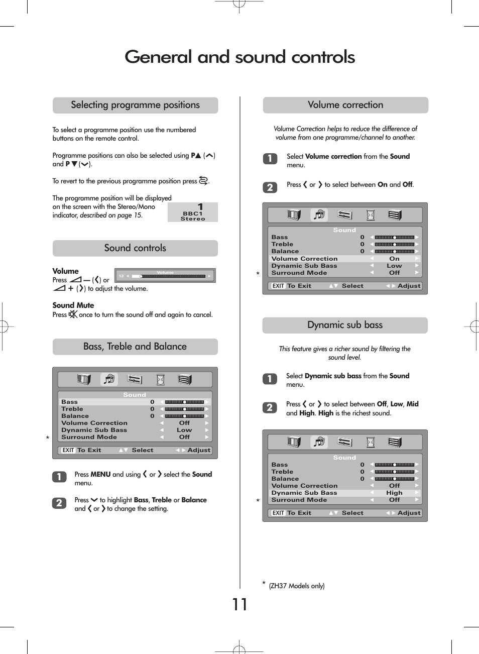 General and sound controls, Dynamic sub bass | Toshiba ZH36 Series User Manual | Page 11 / 20