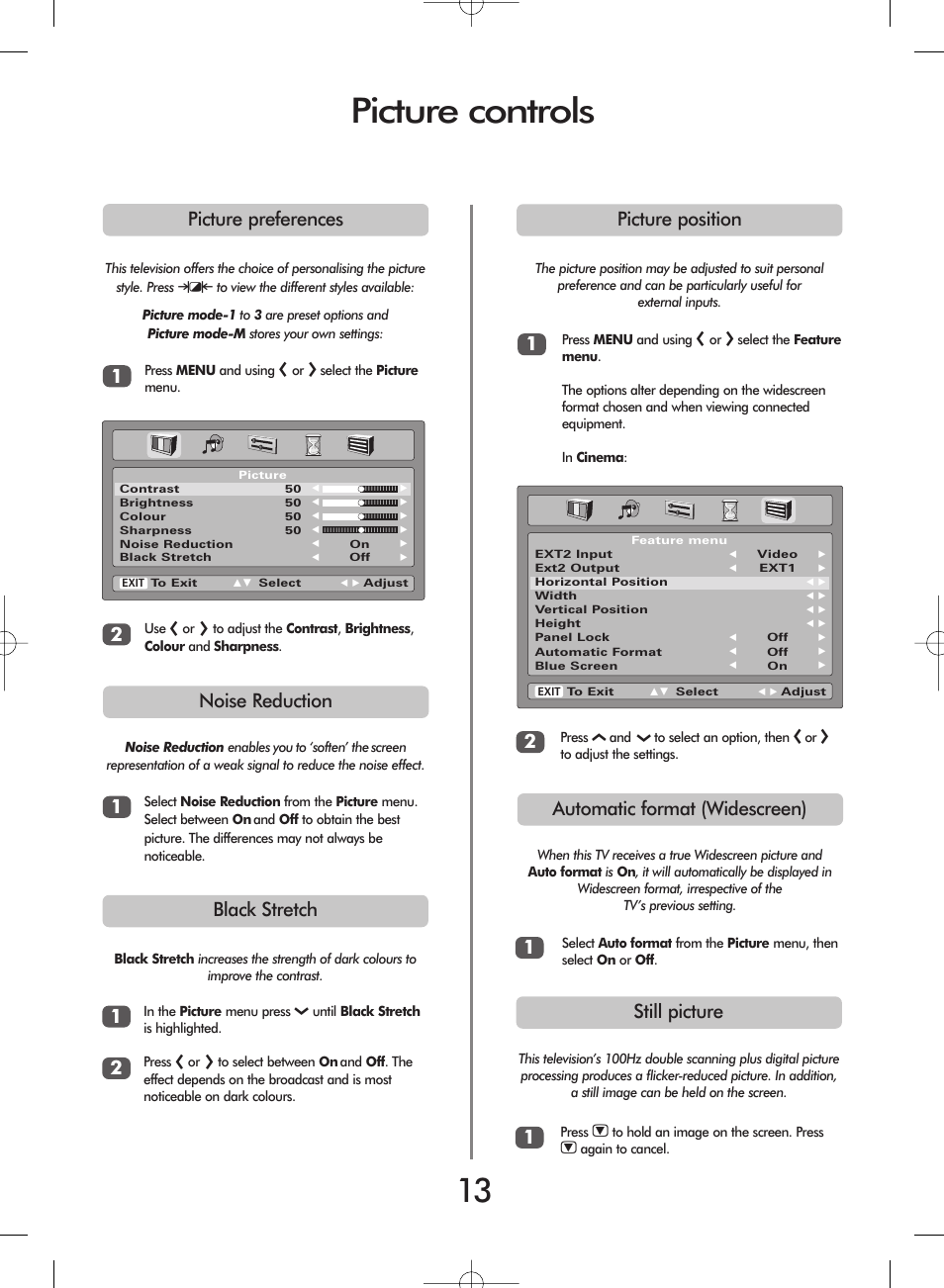 Picture controls, Picture preferences 1 2 picture position, Noise reduction | 2still picture, 1automatic format (widescreen), Black stretch | Toshiba ZH36 Series User Manual | Page 13 / 20