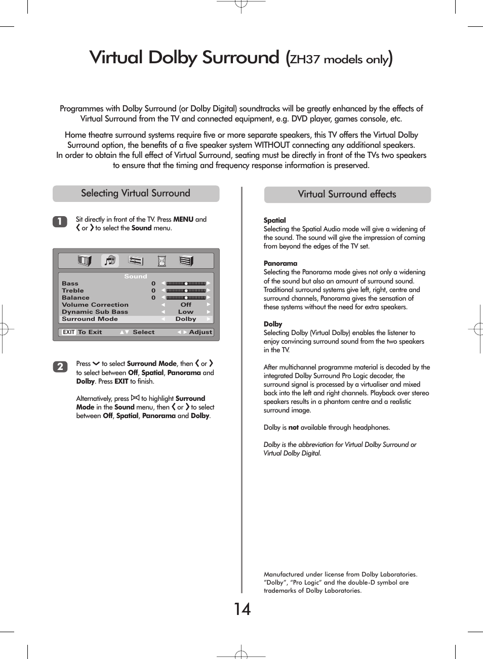 Virtual dolby surround, Zh37 models only | Toshiba ZH36 Series User Manual | Page 14 / 20