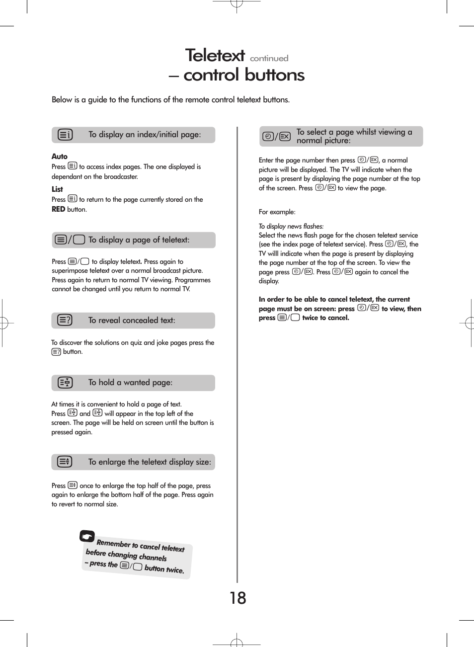 Teletext, Control buttons | Toshiba ZH36 Series User Manual | Page 18 / 20