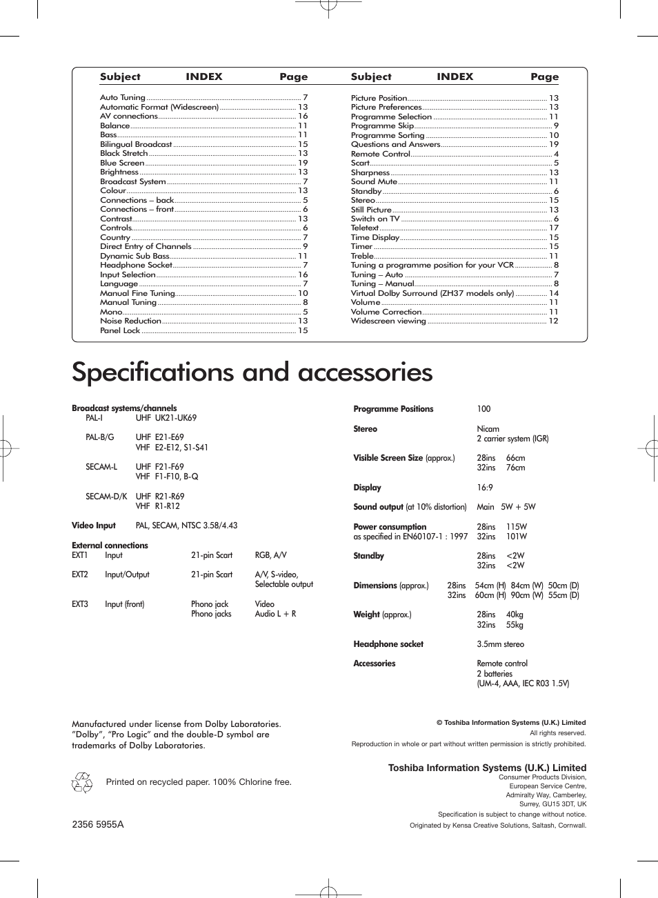 Specifications and accessories | Toshiba ZH36 Series User Manual | Page 20 / 20
