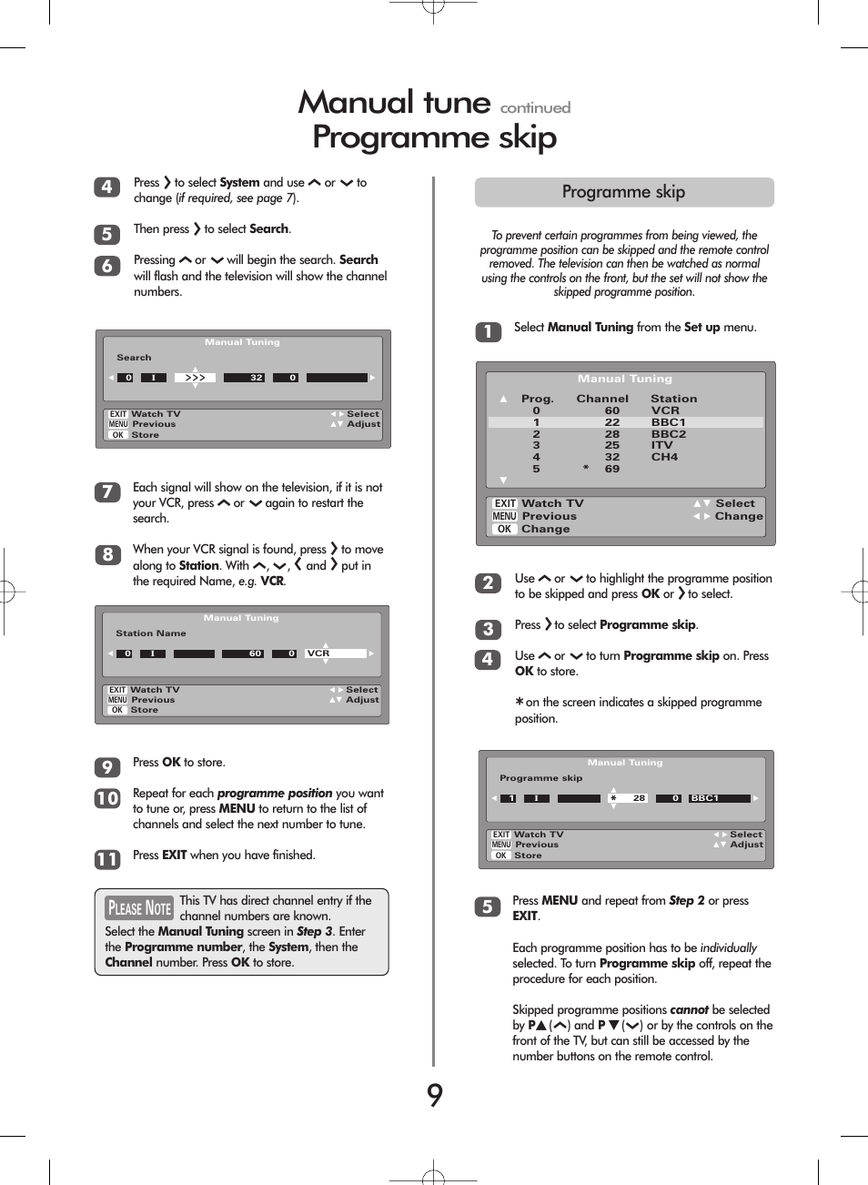 Manual tune, Programme skip | Toshiba ZH36 Series User Manual | Page 9 / 20