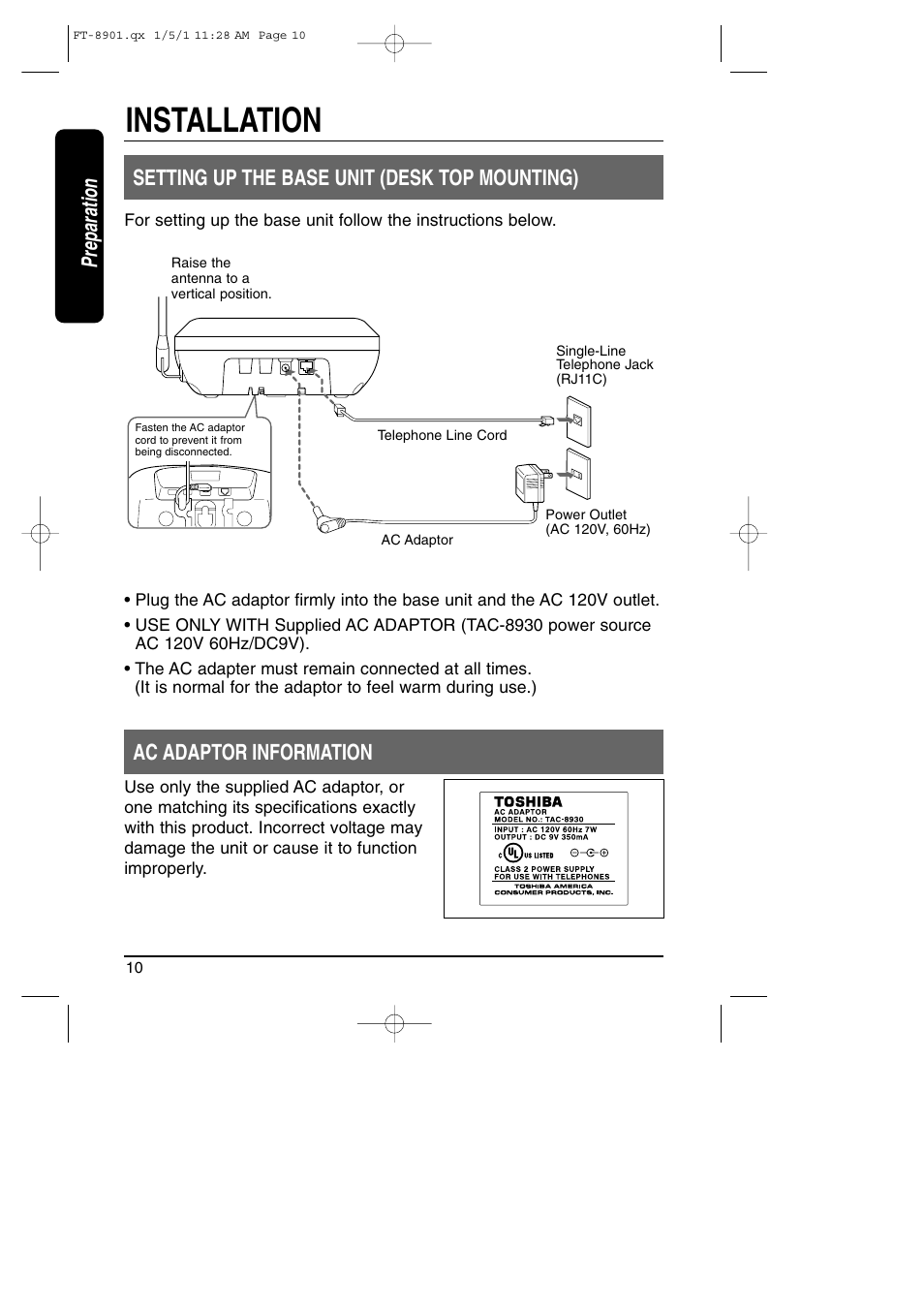 Installation, Setting up the base unit / ac adaptor, Setting up the base unit (desk top mounting) | Ac adaptor information, Preparation | Toshiba FT-8901 User Manual | Page 10 / 38