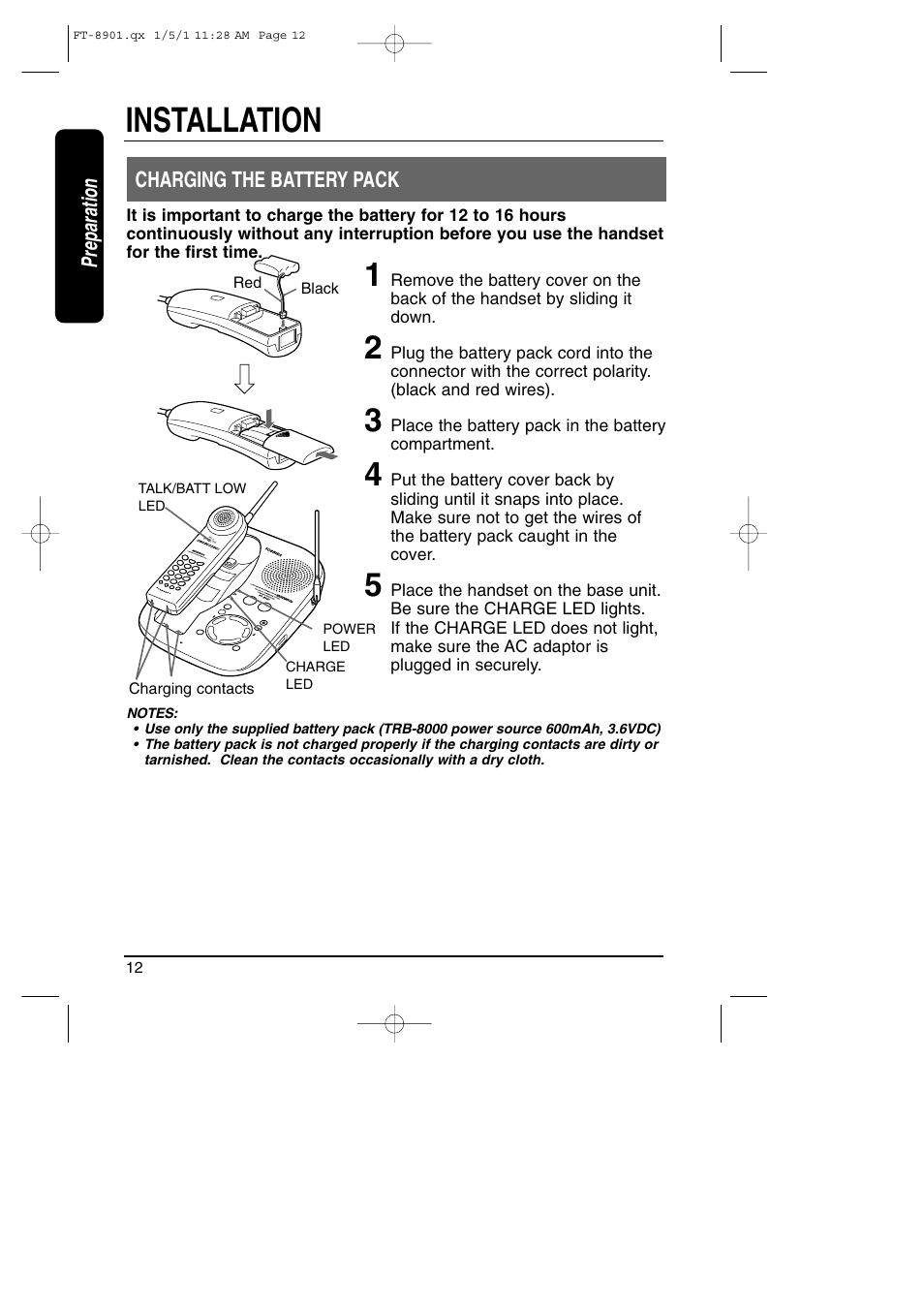 Charging the battery pack, Installation | Toshiba FT-8901 User Manual | Page 12 / 38