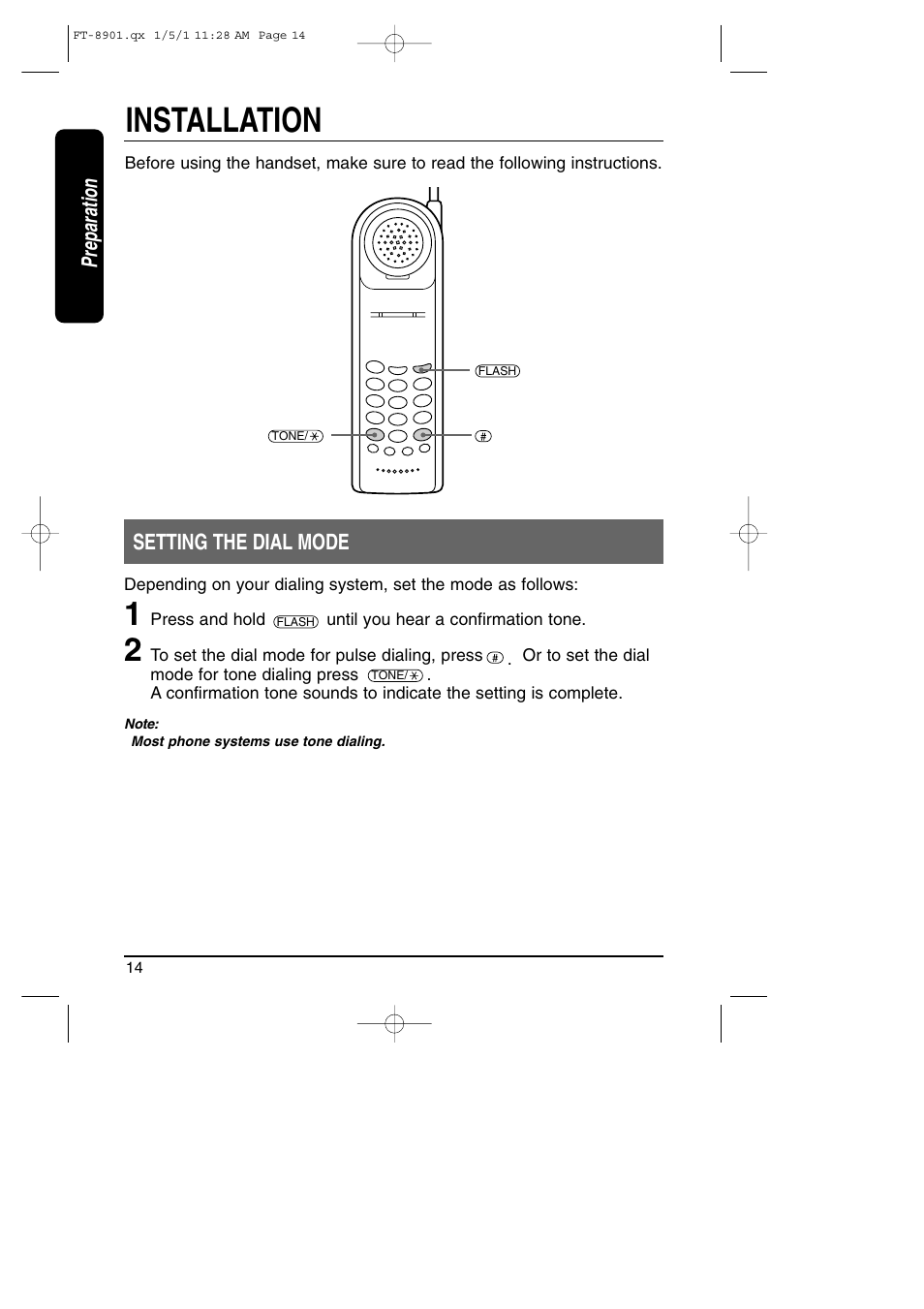 Setting the dial mode, Installation, Preparation setting the dial mode | Toshiba FT-8901 User Manual | Page 14 / 38