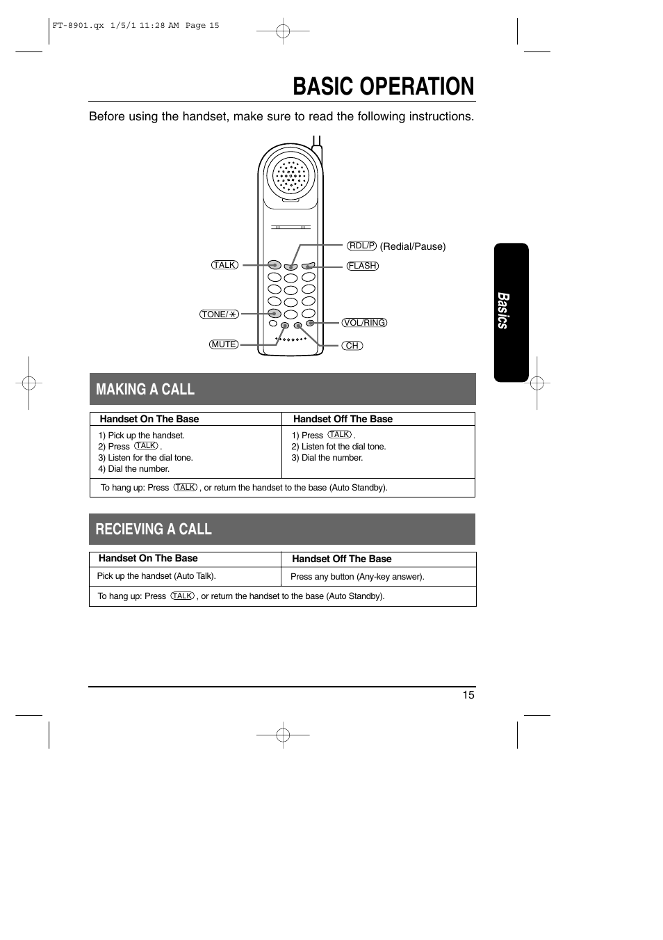 Basics, Basic operation, Making / receiving a call | Making a call, Recieving a call | Toshiba FT-8901 User Manual | Page 15 / 38