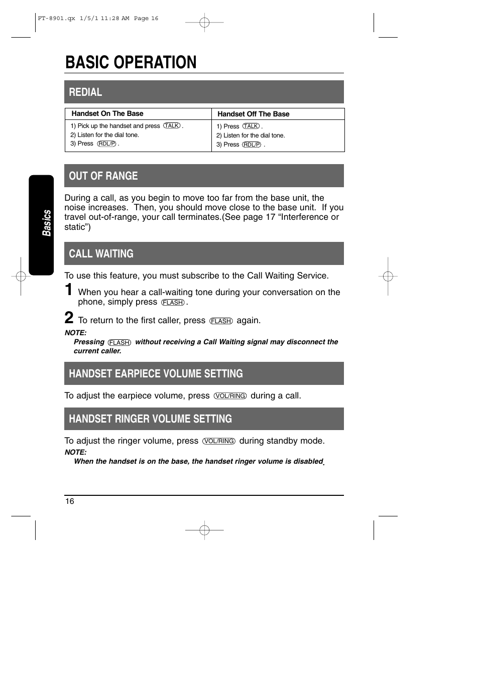 Redial / call waiting / volume setting, Basic operation, Redial out of range | Call waiting, Handset earpiece volume setting, Handset ringer volume setting, Basics | Toshiba FT-8901 User Manual | Page 16 / 38