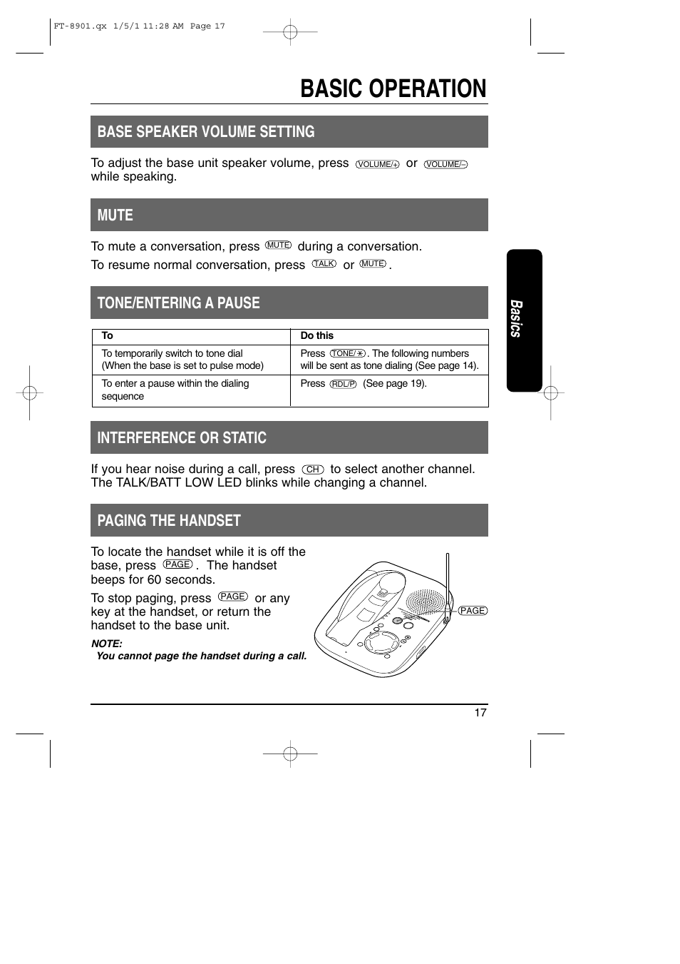 Paging handset, Basic operation, Base speaker volume setting | Mute, Tone/entering a pause interference or static, Paging the handset, Basics | Toshiba FT-8901 User Manual | Page 17 / 38