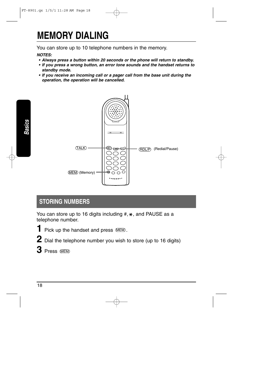 Memory dialing, Storing numbers, Basics | Toshiba FT-8901 User Manual | Page 18 / 38