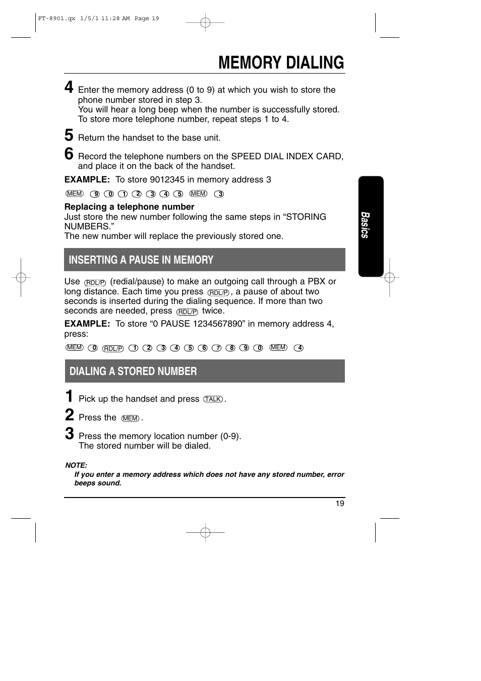 Dialing a stored number, Basics | Toshiba FT-8901 User Manual | Page 19 / 38