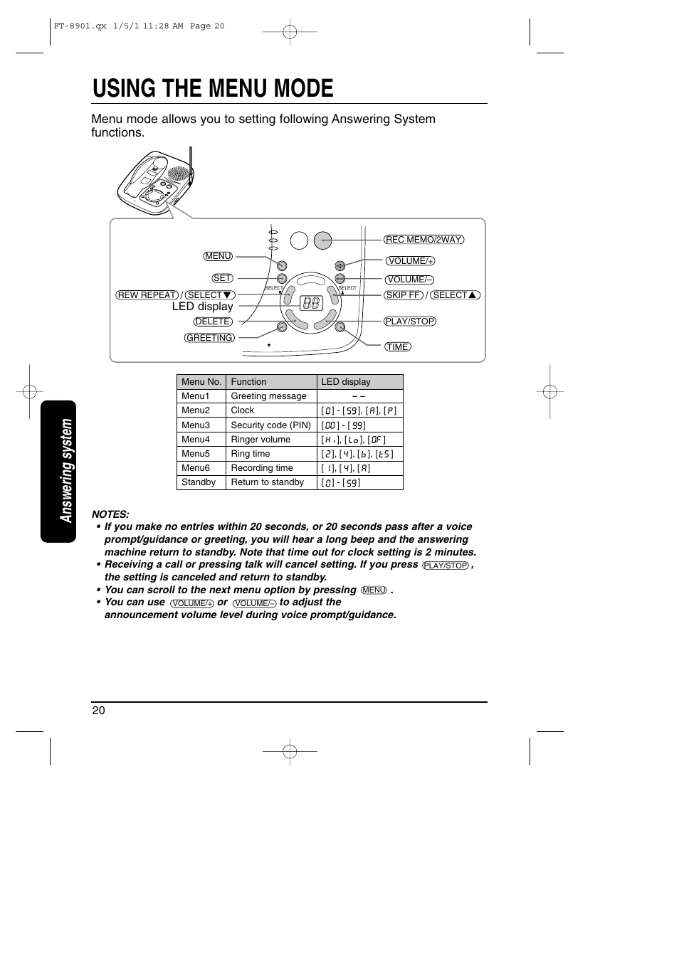 Answering system, Using the menu mode | Toshiba FT-8901 User Manual | Page 20 / 38