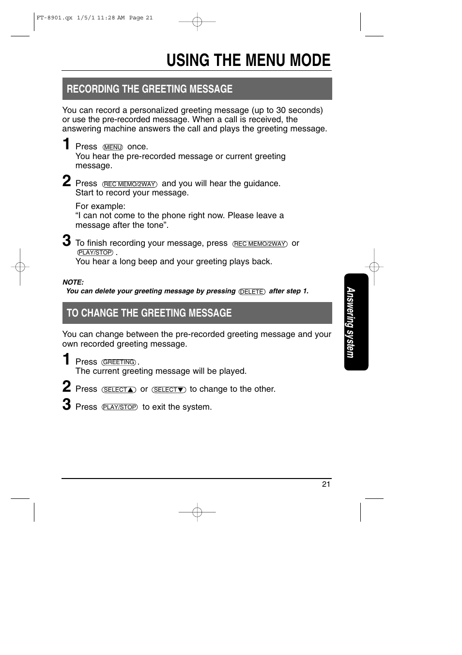 Recording - changing the greeting message, Using the menu mode | Toshiba FT-8901 User Manual | Page 21 / 38