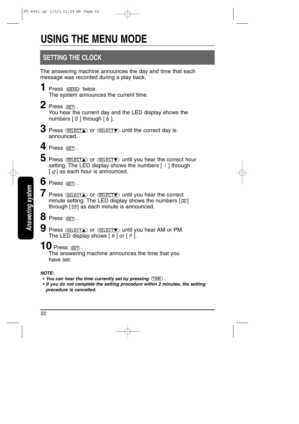 Setting the clock, Using the menu mode, Answering system | Toshiba FT-8901 User Manual | Page 22 / 38