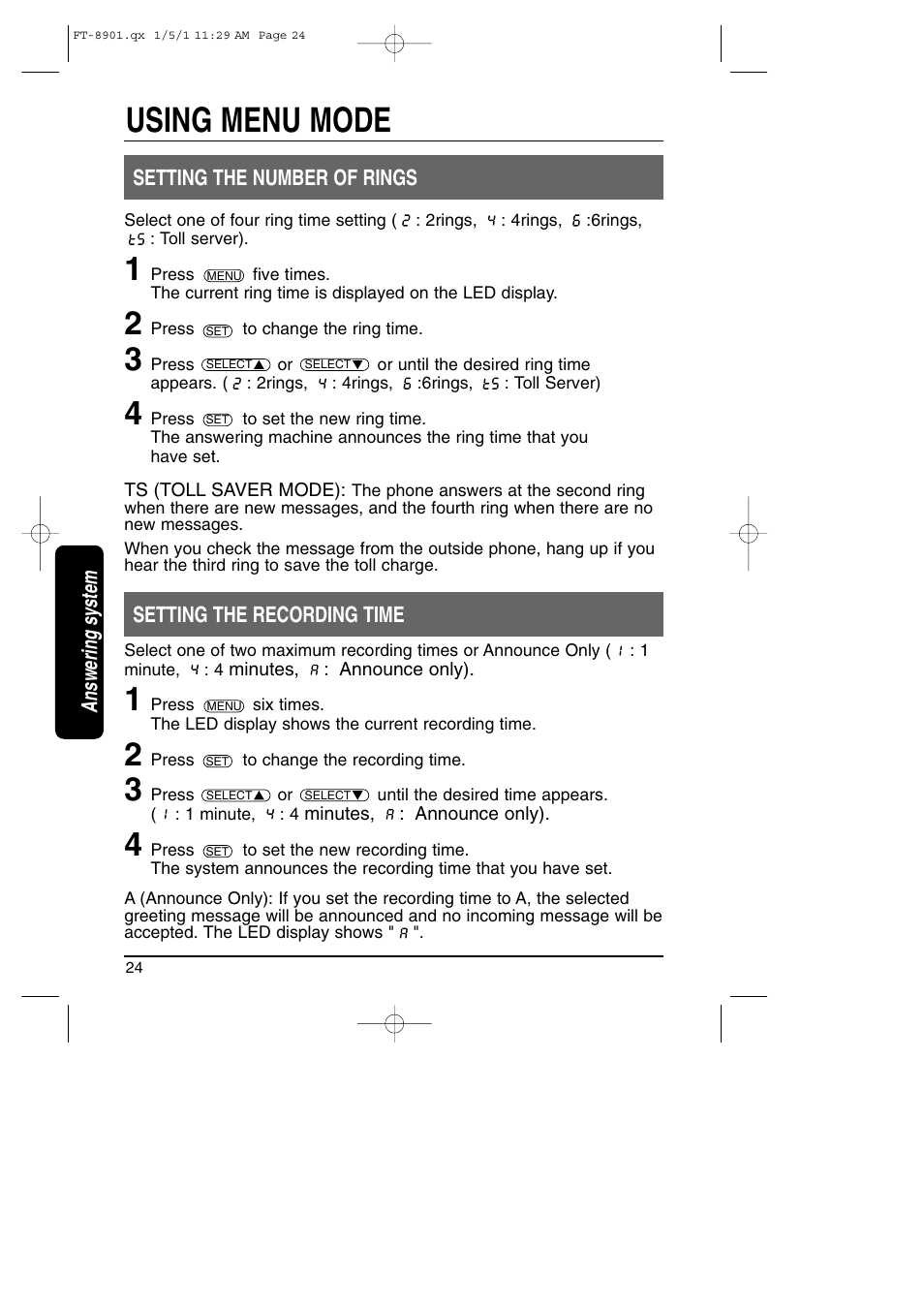 Setting the number of rings and recording time, Using menu mode | Toshiba FT-8901 User Manual | Page 24 / 38