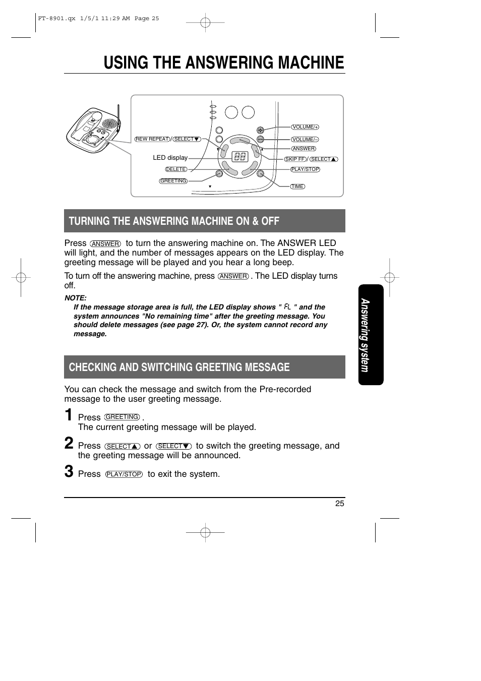 Using the answering machine, Turning the answering machine on & off, Checking & switching greeting message | Answering system, Checking and switching greeting message | Toshiba FT-8901 User Manual | Page 25 / 38