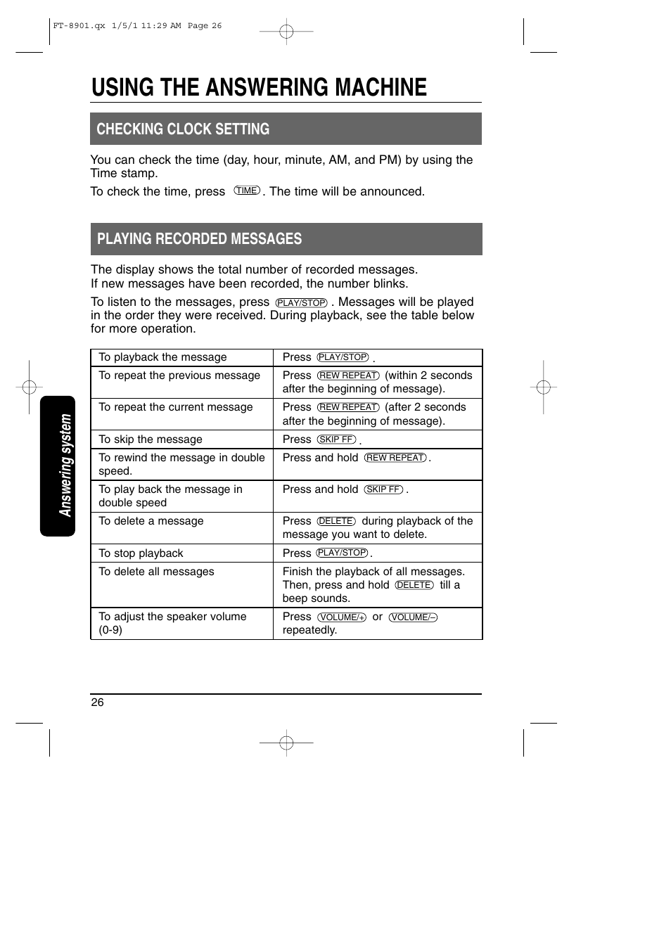 Using the answering machine, Checking clock setting, Answering system playing recorded messages | Toshiba FT-8901 User Manual | Page 26 / 38